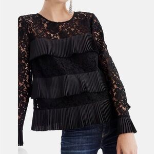 J Crew Black Lace Pleated Ruffle Long-Sleeve Top